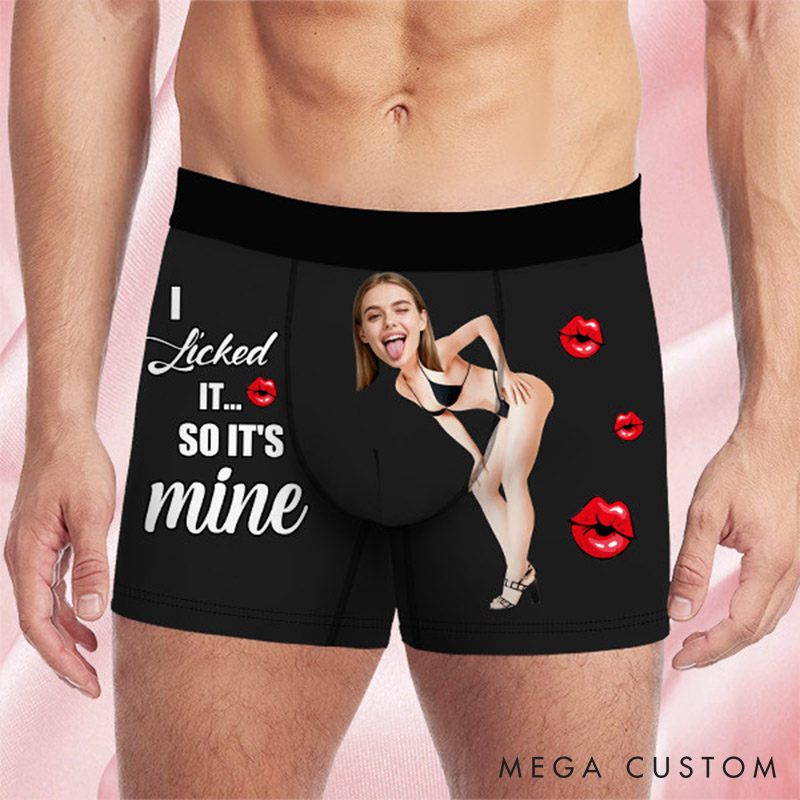 Personalized Girlfriend Wife Face Boxer Brief I Licked It So It's Mine Men Underwear with Woman Face Portrait Valentines Day Gift for Boyfriend Husband