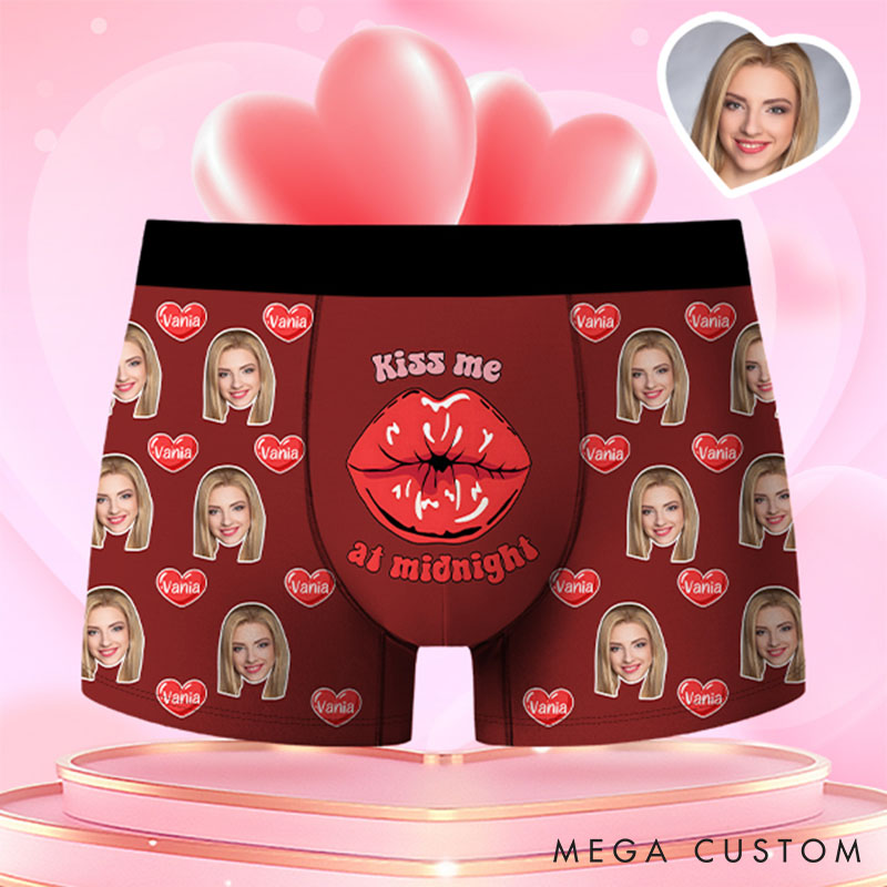 Personalized Girlfriend Wife Face Boxer Brief Kiss Me at Midnight Men Underwear with Woman Face Portrait Valentines Day Gift for Boyfriend Husband