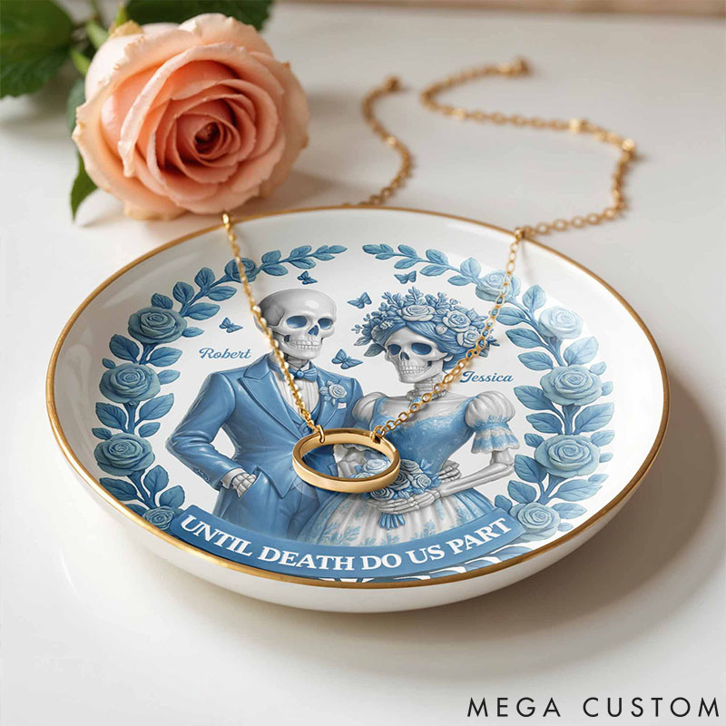 Personalized Skeleton Couple Until Death Do Us Part Round Shaped Ring Dish Skeleton Bride and Groom Ceramic Ring Dish Valentines Day Gift for Newlyweds