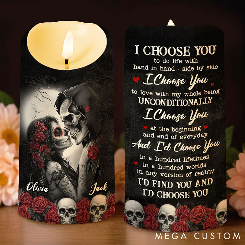 Personalized Skeleton Couple I Choose You LED Candle Custom Skeleton Bride and Groom with Rose Candle Light Valentines Day Gift for Newlyweds