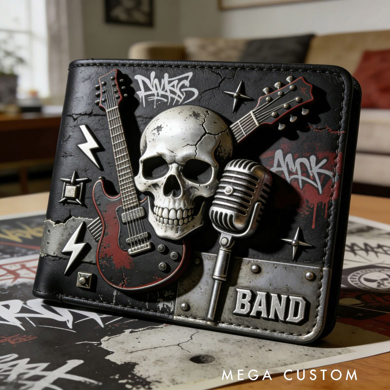 Personalized punk rock guitar and skull themed Leather Wallet Custom with Name Mens Wallet Gift For Him Husband Boyfriend Father Son Grandson