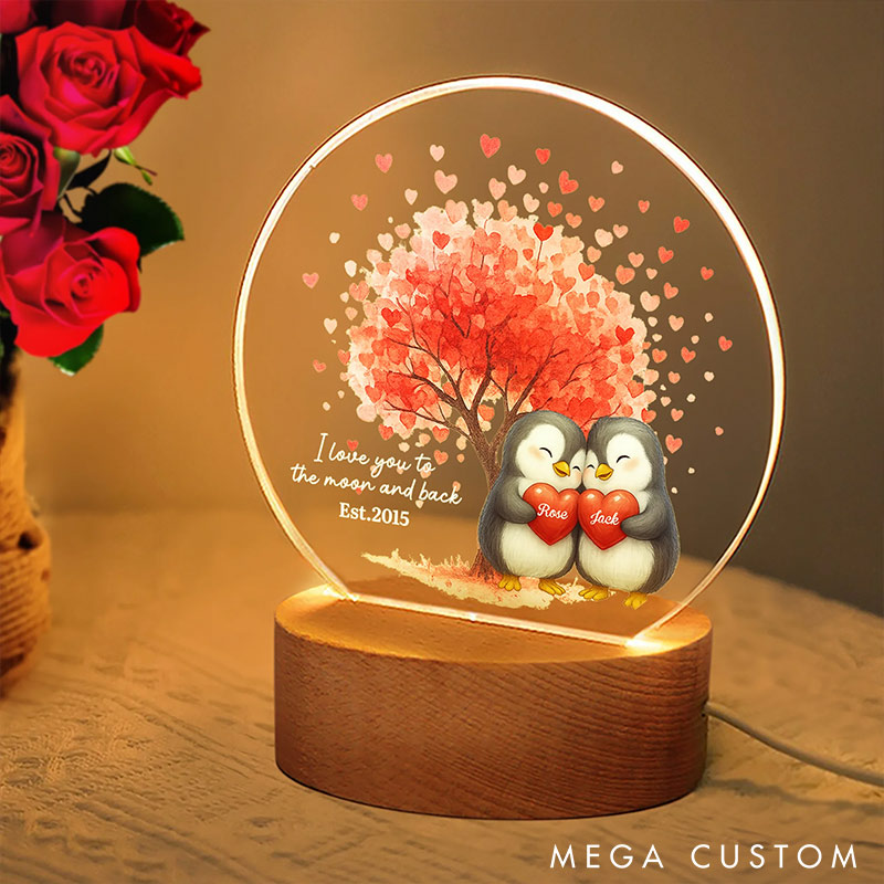 Personalized Penguin Design Couple Night Light Custom Names Year Lamp Valentine's Day Gift for Couple Anniversary Gift for Him Her
