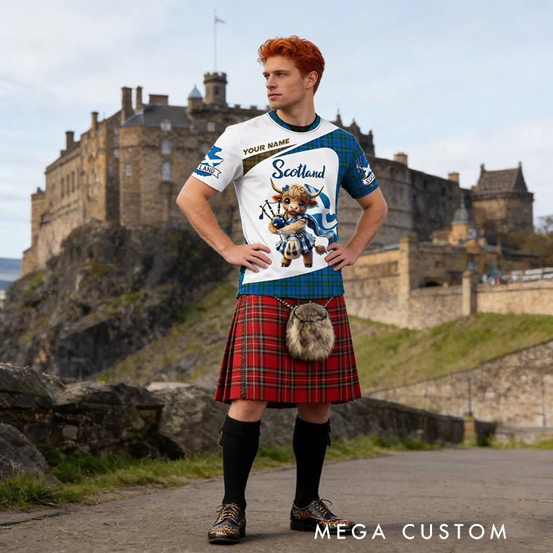 Personalized Scotland Bagpipe Cartoon Animals Classic T-Shirts with Your Name Gift for Scottish Culture Enthusiasts Bagpipe Lovers Music Lovers