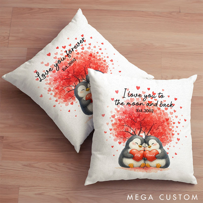 Personalized Love Tree Penguin Couple Soft Throw Pillow Custom Name Year Home Pillow Valentine's Day gift for Couple Romantics Gift for Him Her