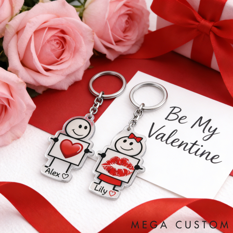 Personalized Minimalist Stick Figures Couple Keychain Custom Names Expressing Love Symbolic Holiday Gift for Couples