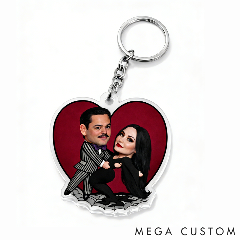 Personalized Gothic Cartoon Hearts Background Keychain Custom Photo Playfully Dark Holiday Gift