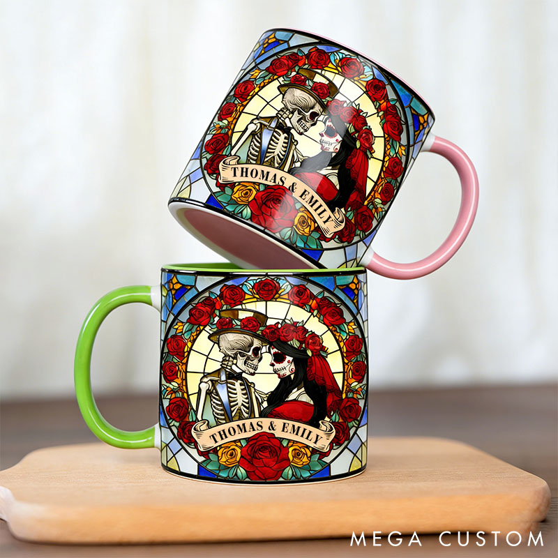 Personalized Skeleton Couple Mug 3D Effect Stained Glass Design Graphic Mug Couple Skeleton Coffee Cup for Husband Wife Boyfriend Girlfriend