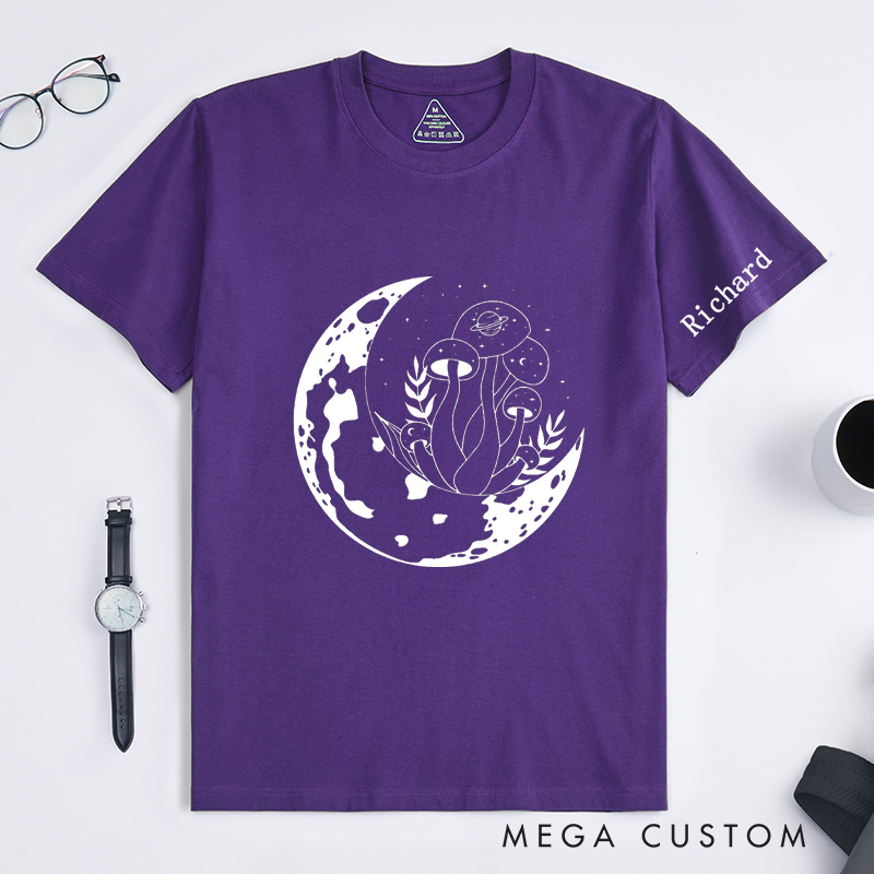 Personalized Moon and Mushroom Classic T-Shirt Custom Cosmic Nature Art Unisex Gift Unique Space Planet Print Tee