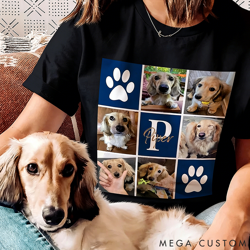 Personalized Pet Lover Paw Print Pet Photos with Names and Initials Birthday Gift for Pet Lovers Owners T-Shirt
