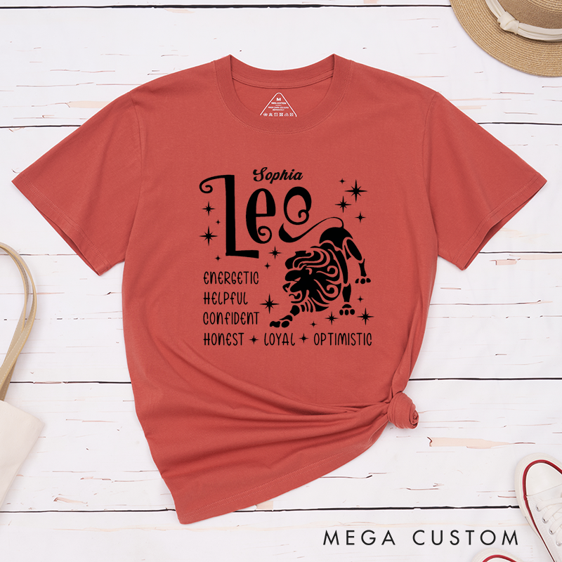 Personalized Leo Zodiac Classic T-Shirts Custom Name Energetic Confident Honest Loyal Optimistic Gift for Men and Women Birthday Astrology Lovers