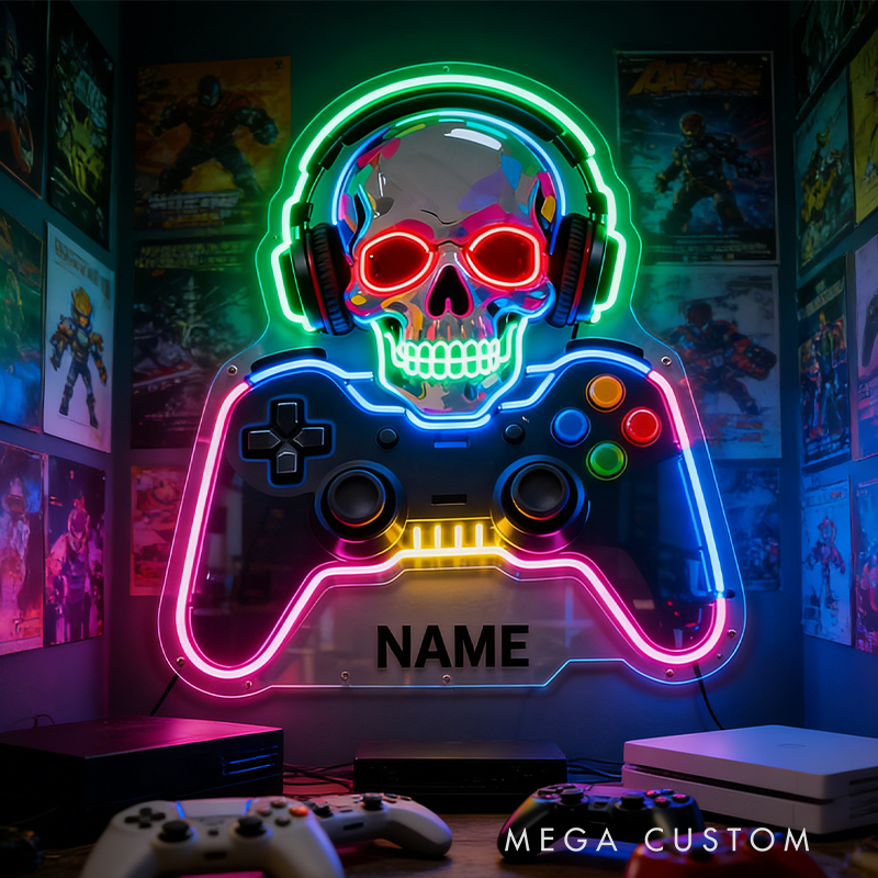 Personalized Skull and Game Controller Neon Decor the Perfect Gift for Gaming Lovers