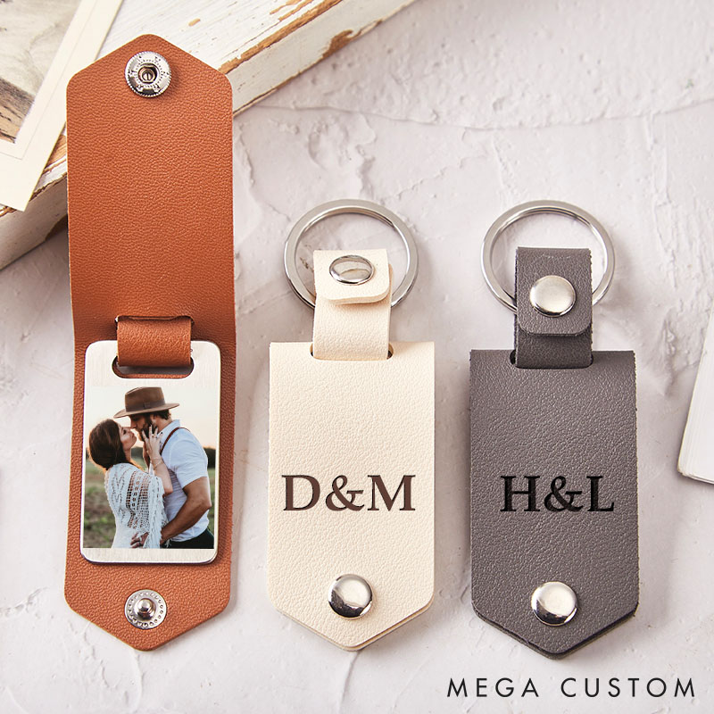 Personalized Photo and Calendar Leather Keychain Couple Leather Keychain with Photo Custom Anniversary Valentine's Gift for Man Woman