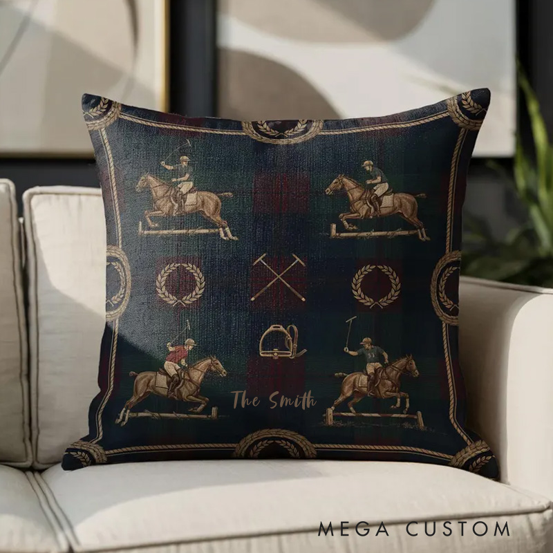Personalized Equestrian Throw Pillow Polo Horse Pillow Case Tartan Design Pillow Jumping Horse Decor Sport Decor Pillow Covers Polo Gifts for Riding Lovers Equestrian Lovers