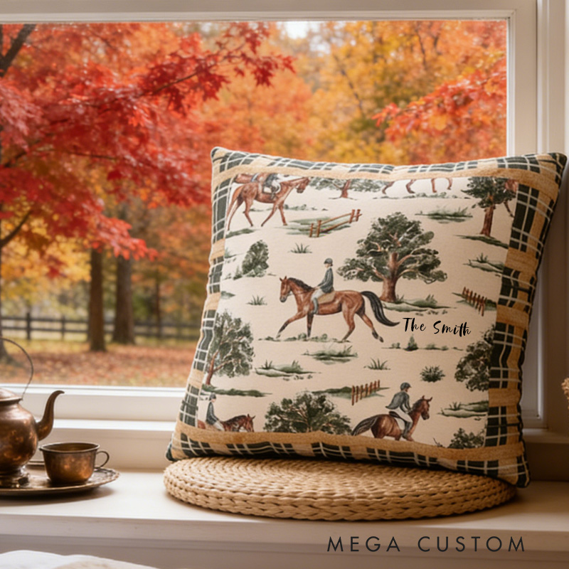 Personalized Equestrian Throw Pillow Equestrian Pillow Cover Plaid Horse Accent Pillow Farmhouse Decor for Riding Lovers Equestrian Lovers