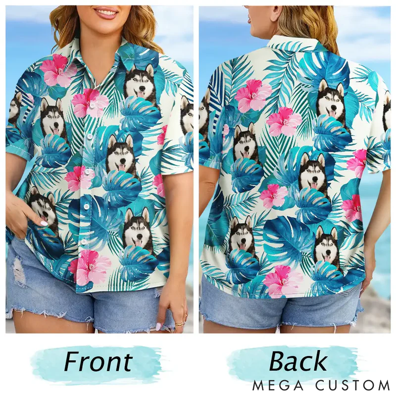 Personalized Pet Lover Custom Photo Tropical Leaves Funny Family Pet Face  Hawaiian Shirt