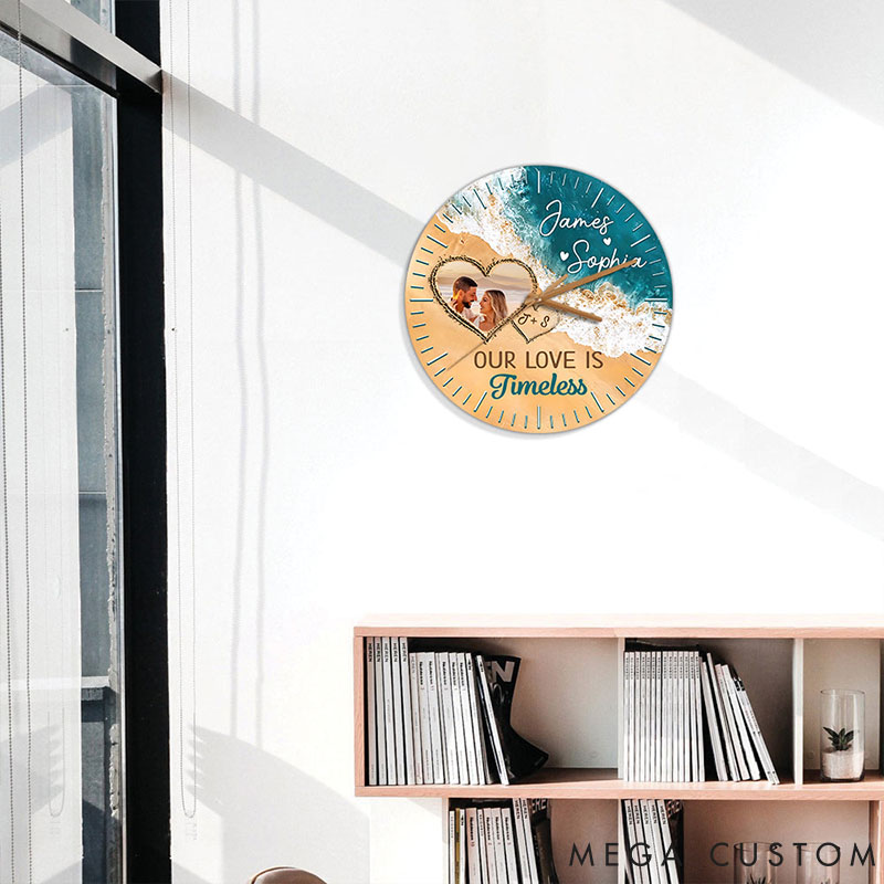 Personalized Couple Photo Our Love is Timeless Wall Clock Custom Beach-inspired Wall Clock with Couple Photo Anniversary Gift Valentine's Day Gift