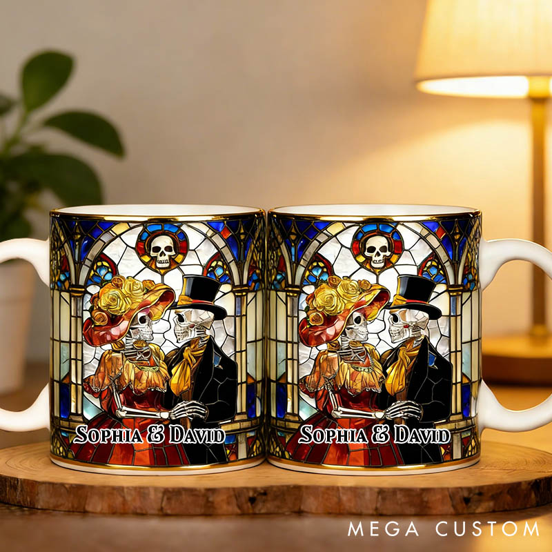 Personalized Gothic Couple Mug Till Death Do Us Part 3D Effect Graphic Mug Couple Skeleton Church Wedding Coffee Cup Anniversary Valentine