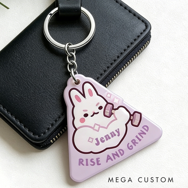 Personalized Rise and Grind Keychain Cute Bunny Keychain Acrylic Epoxy Workout Motivational for Gym Lovers