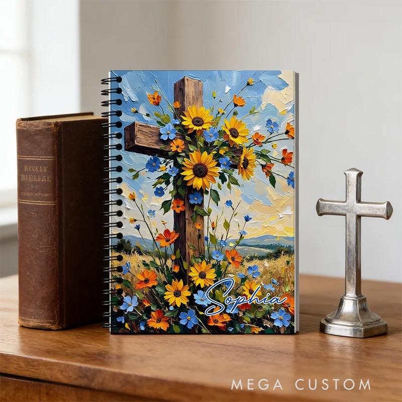 Personalized Flower Cross A5 Spiral Notebook with Name Back to School Birthday Gift Religious Gift for Christian Student
