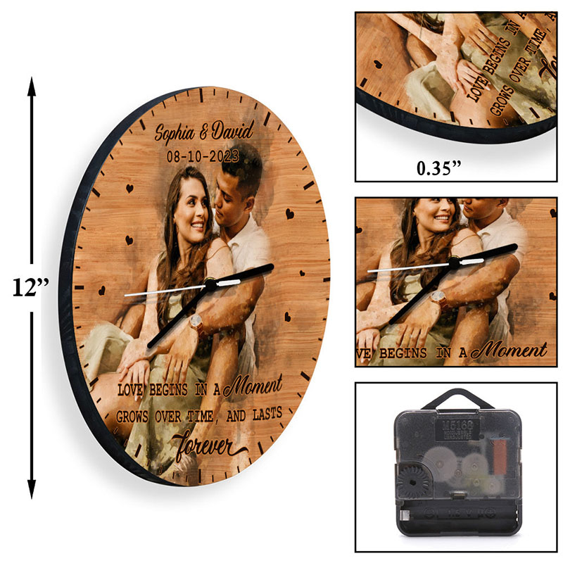 Personalized Couple Photo Love begins in a moment Wall Clock Custom Wall Clock with Couple Portrait Anniversary Gift Valentine's Day Gift for Him Her