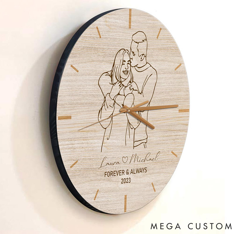 Personalized Couple Photo Forever and Always Wall Clock Custom Wall Clock with Couple Photo Line Portrait Anniversary Valentine's Day Gift for Him Her