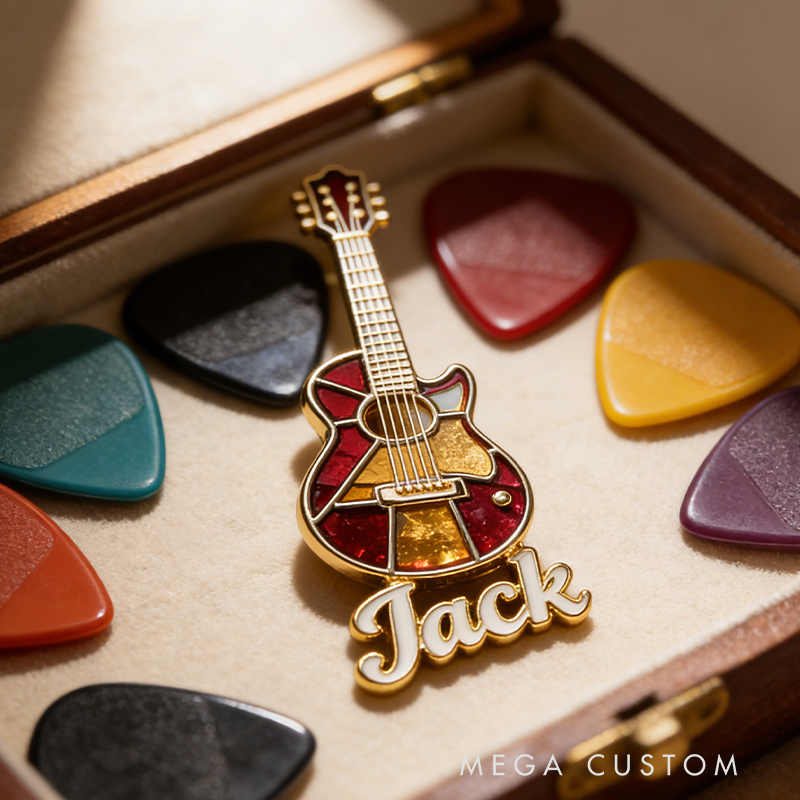 Personalized Custom Stained Glass Acoustic Guitar Enamel Pin – Personalized Name Lapel Pin for Music Lovers