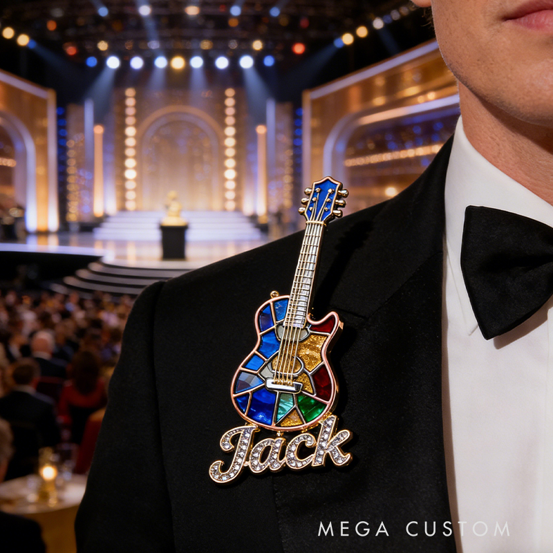 Personalized Custom Stained Glass Electric Guitar Enamel Pin – Personalized Name Lapel Pin for Music Enthusiasts