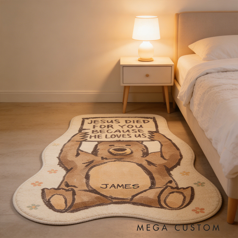 Personalize Jesus Loves us Bear Christian Rug with Custom Name Faith Rug Religious Gift Christian Gift for Jesus Lover