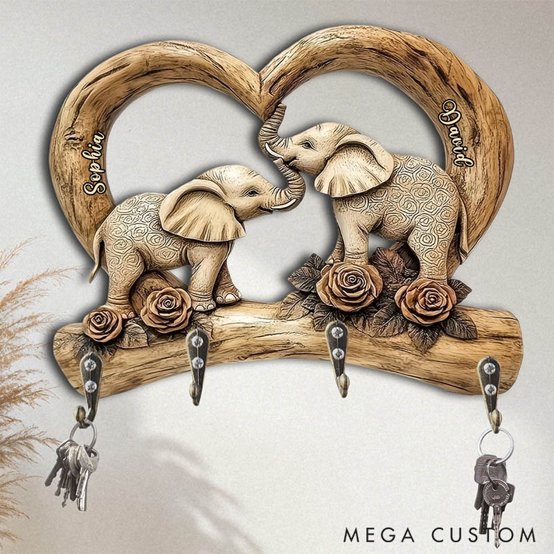 Personalized Sweetheart Elephant Couple Wooden Key Holder Custom Graphic 3D Printed Imitation Wood Effect Key Hanger Anniversary Valentines Day Gift
