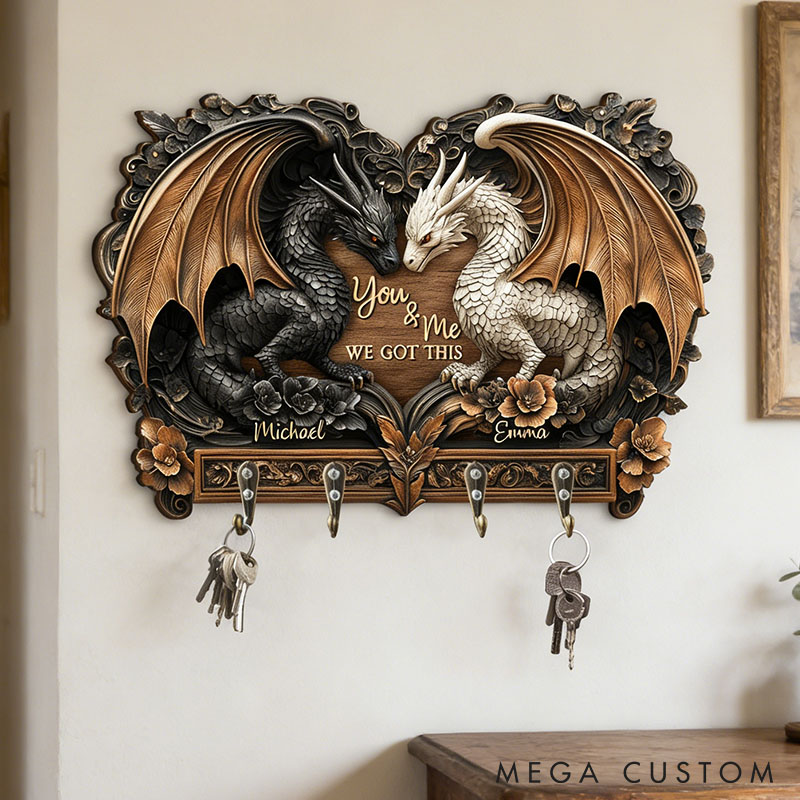 Personalized Dragon Couple You and Me We Got This Wooden Key Holder Custom Graphic 3D Printed Effect Key Hanger Anniversary Valentines Day Gift