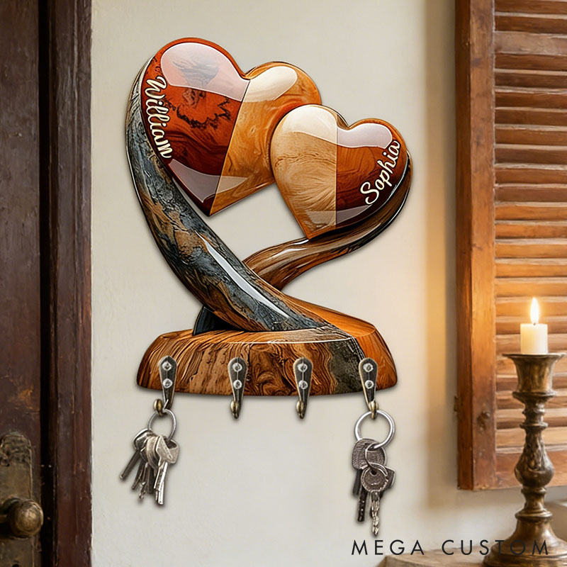 Personalized Couple Two Intertwined Hearts Wooden Key Holder Custom Shaped Graphic 3D Printed Effect Key Hanger Anniversary Valentines Day Gift