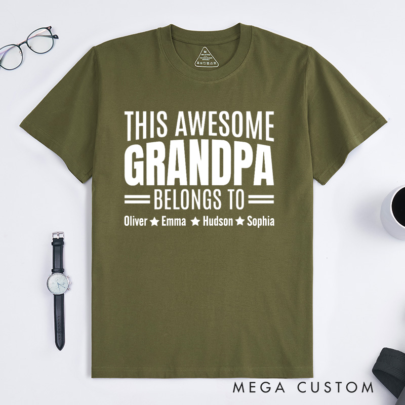Personalized Grandpa T-Shirt Custom This Awesome Grandpa Belongs To Gift for Grandfather Father's Day Birthday Comfortable Cotton Shirt for Men