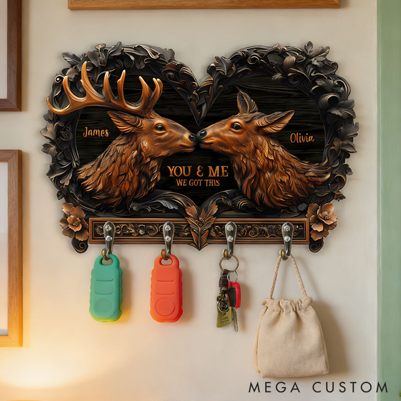 Personalized Deer Couple You and Me We Got This Wooden Key Holder Custom Shaped Graphic 3D Printed Key Hanger Anniversary Valentine's Day Gift