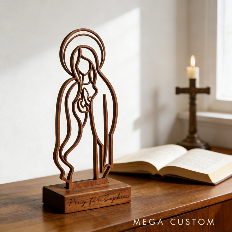 Personalized Inspirational Virgin Mary Art Wooden Plaque with Engraved Text Desktop Decor Birthday Religious Baptism Gift for Christian Family
