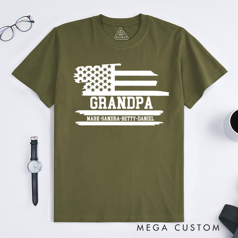 Personalized Grandpa Flag T-Shirt with Grandkids Names Gift for Grandfather Father's Day Birthday Comfortable Cotton Shirt for Men