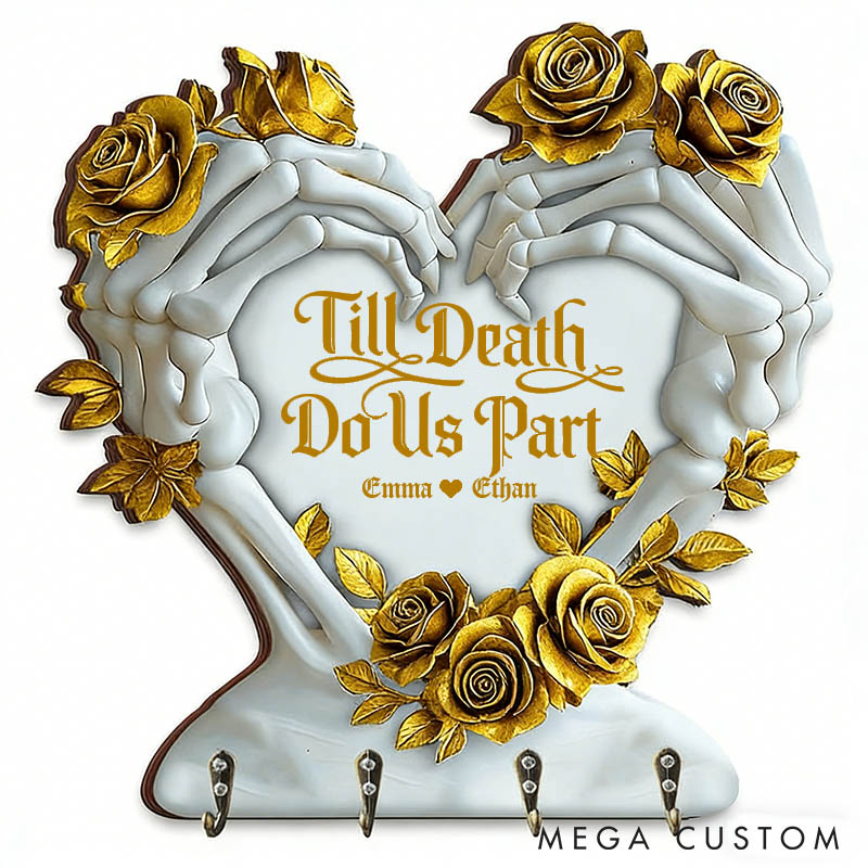Personalized Couple Skeleton Hand Heart Till Death Do Us Part Wooden Key Holder Custom Shaped Graphic 3D Printed Key Hanger Valentines Day Gift