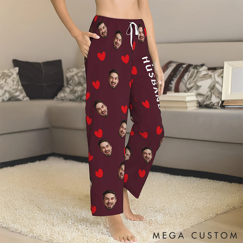 Personalized Valentine's Day Couple Faces Photo Matching Pajama Pants Custom Man Woman Photo Portrait Soft Pjs Bottoms Anniversary Gift for Him Her
