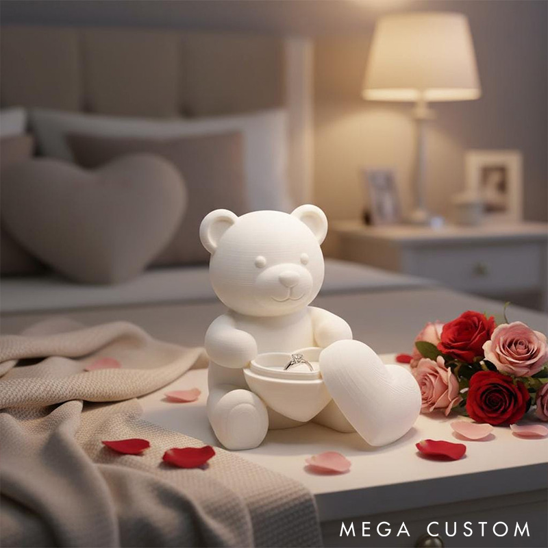 Personalized Couple White Teddy Bear Heart Ring Holder Custom Engagement 3D Printed Bear Ring Box for Newlyweds Valentines Day Gift for Him Her