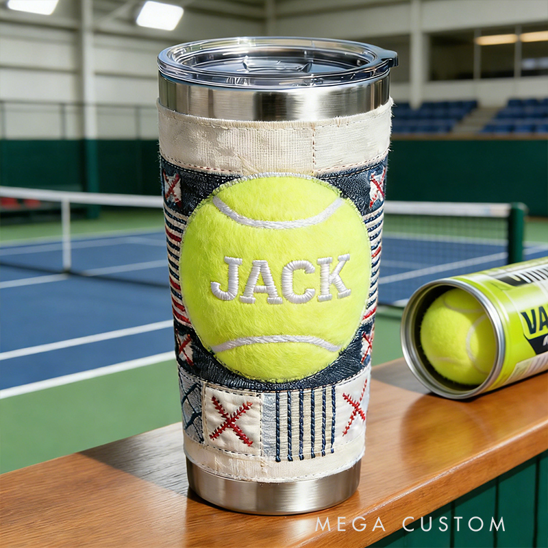 Personalized Tennis Ball Embroidered Stainless Steel Tumbler – Custom Name Insulated Cup for Tennis Enthusiasts