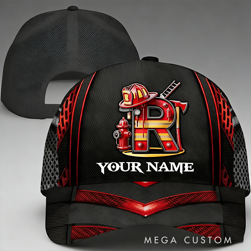 Personalized Firefighter Gifts Custom Name and Initial Alphabet Full Print Cap Firefighter Themed Hat for Man