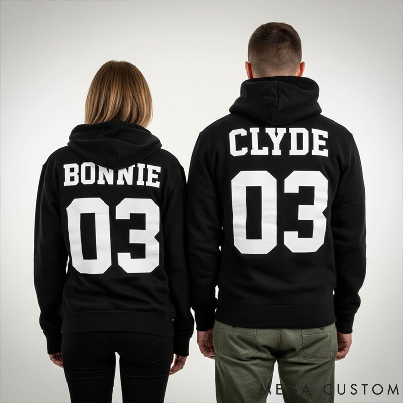 Personalized Couple Bonnie and Clyde 03 Matching Hoodie Custom Couple Sweatshirt with Name and Number Anniversary Valentine's Day Gift for Him Her