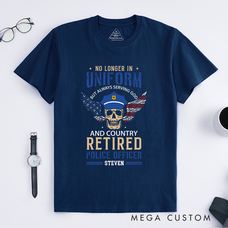 Personalized Retired Police Officer T-Shirt with Patriotic Skull and Wings Design Gift for Police Officer T-Shirt