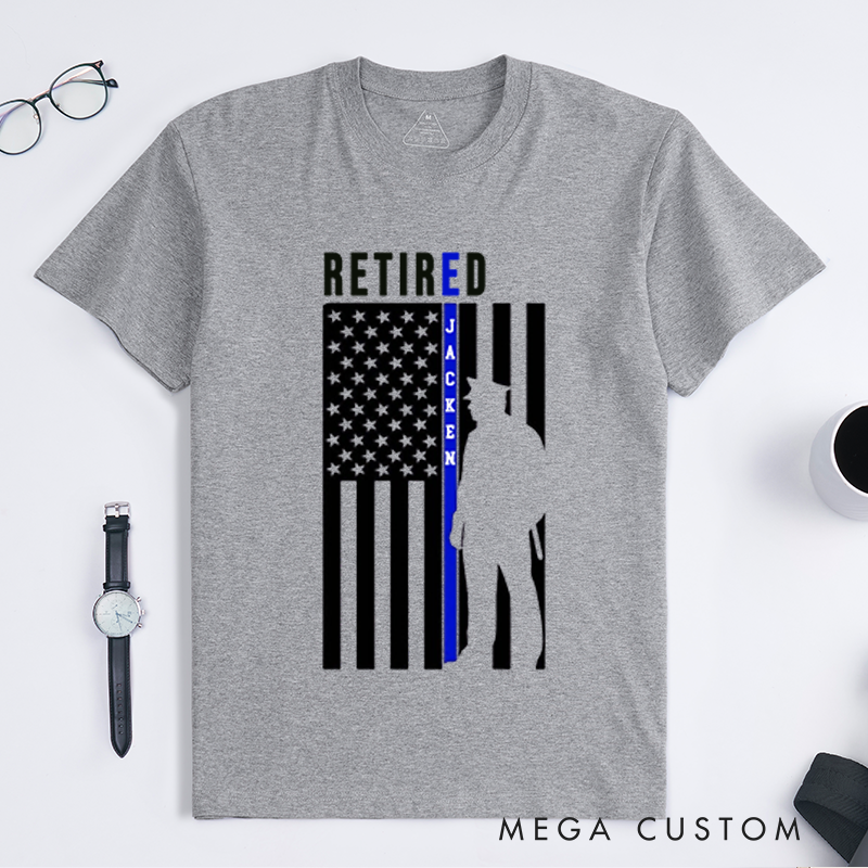 Personalized Retired Police Officer T-Shirt with Thin Blue Line Flag and Silhouette Design Gift for Police Officer T-Shirt