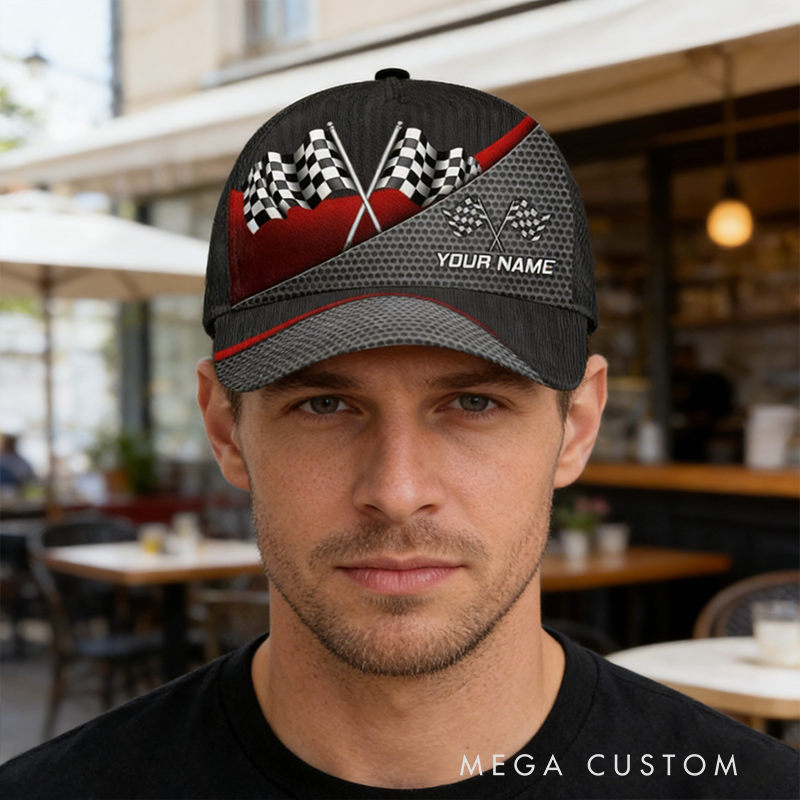 Personalized Racing Gifts Custom Name Full Print Checkered Flag Cap Racer Baseball Hat Motorsport Gift for Racing Lovers Men and Women