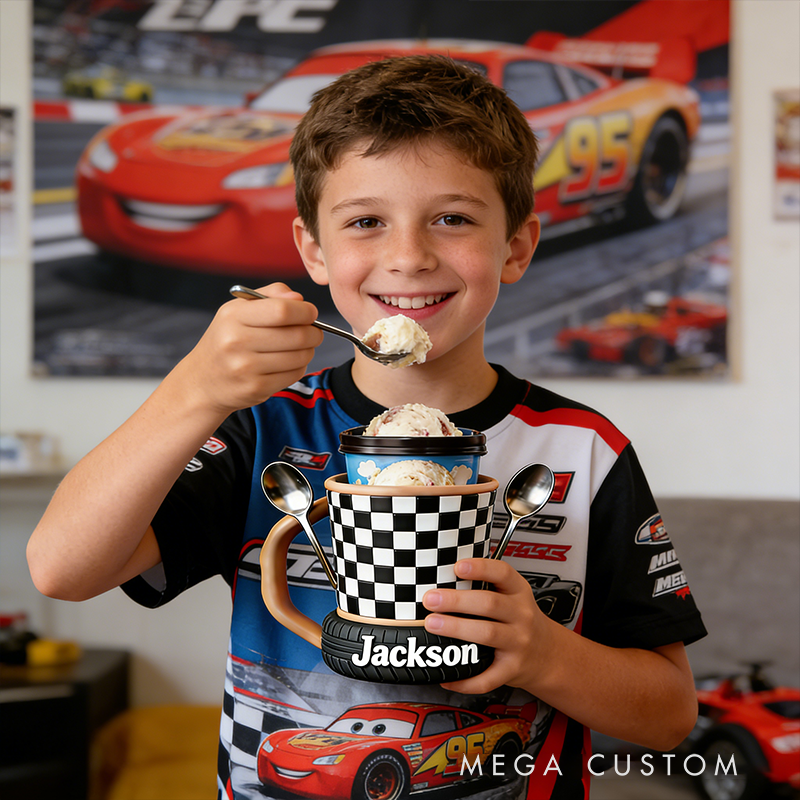 Personalized Ice Cream Lover Gifts Custom Name Checkered Pattern Ice Cream Pint Holder Racing Style Cup Holder for Dessert Fans