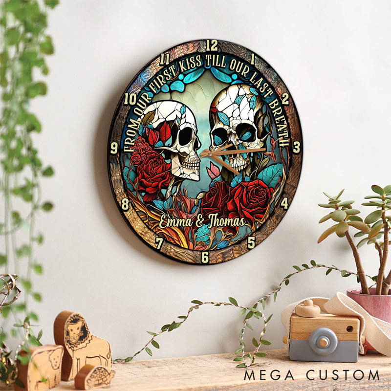 Personalized Skeleton Couple From Our First Kiss Till Our Last Breath Wall Clock Custom Retro Gothic Graphic 3D Printed Wall Clock Valentines Day Gift