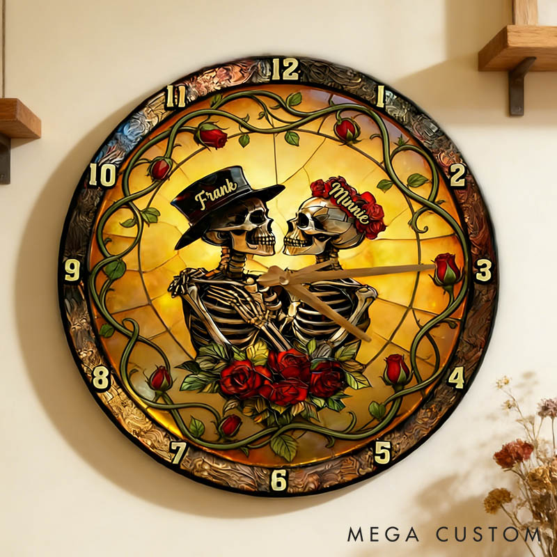 Personalized Skeleton Couple From Our First Kiss Till Our Last Breath Wall Clock Custom Gothic Rose Graphic 3D Printed Wall Clock Valentines Day Gift