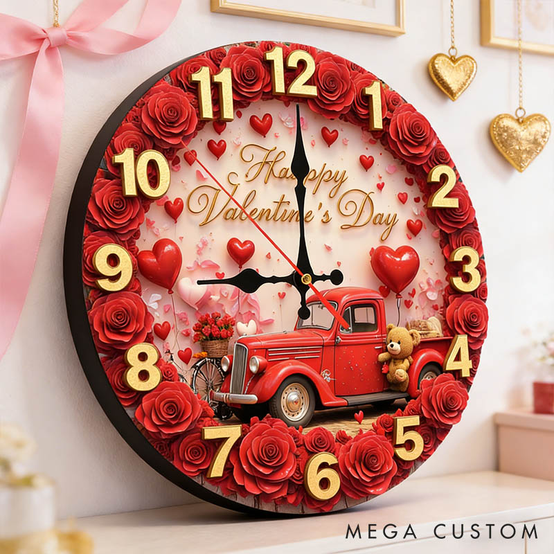 Personalized Couple Happy Valentine's Day Wall Clock Custom Vintage Red Truck with Rose and Bear Graphic 3D Printed Wall Clock Valentines Day Gift