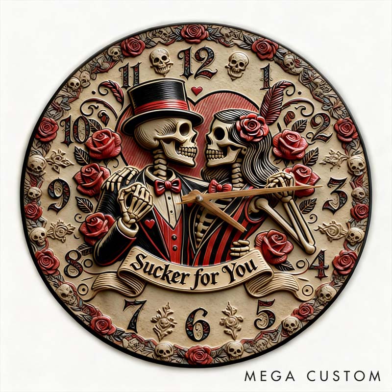 Personalized Skeleton Couple Sucker for You Wall Clock Custom Gothic Rose Graphic 3D Printed Wall Clock Anniversary Valentines Day Gift for Him Her