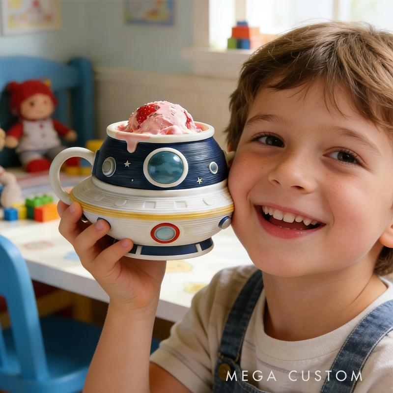 Personalized Flying Saucer Ice Cream Cup Holder 3D Printed with Dual Scoop Slots Heartwarming Children's Birthday Gift